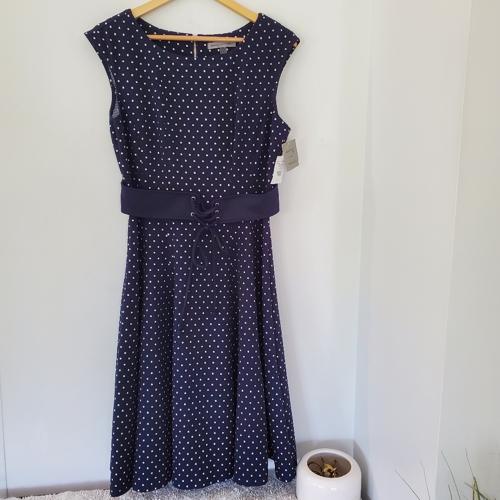Danny & Nicole 12 Fit & Flare Dress Navy W/Ivory Dots Lace Up Belt Nwt Twirly